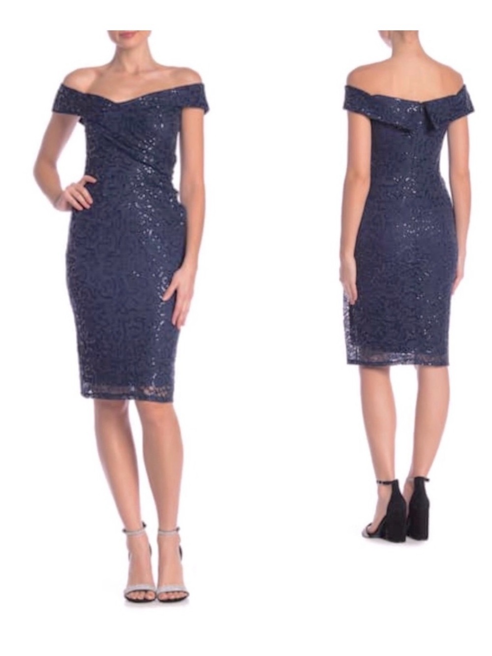 NWT MARINA Off-Shoulder Navy Lace Sequin Midi Dress